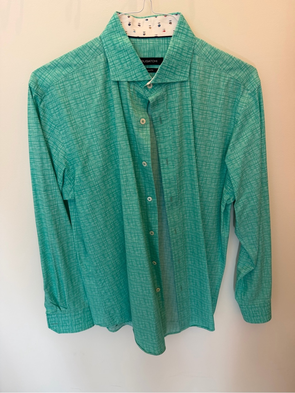 Bugatchi Teal Green Patterned Long-Sleeve Button-Down Shirt